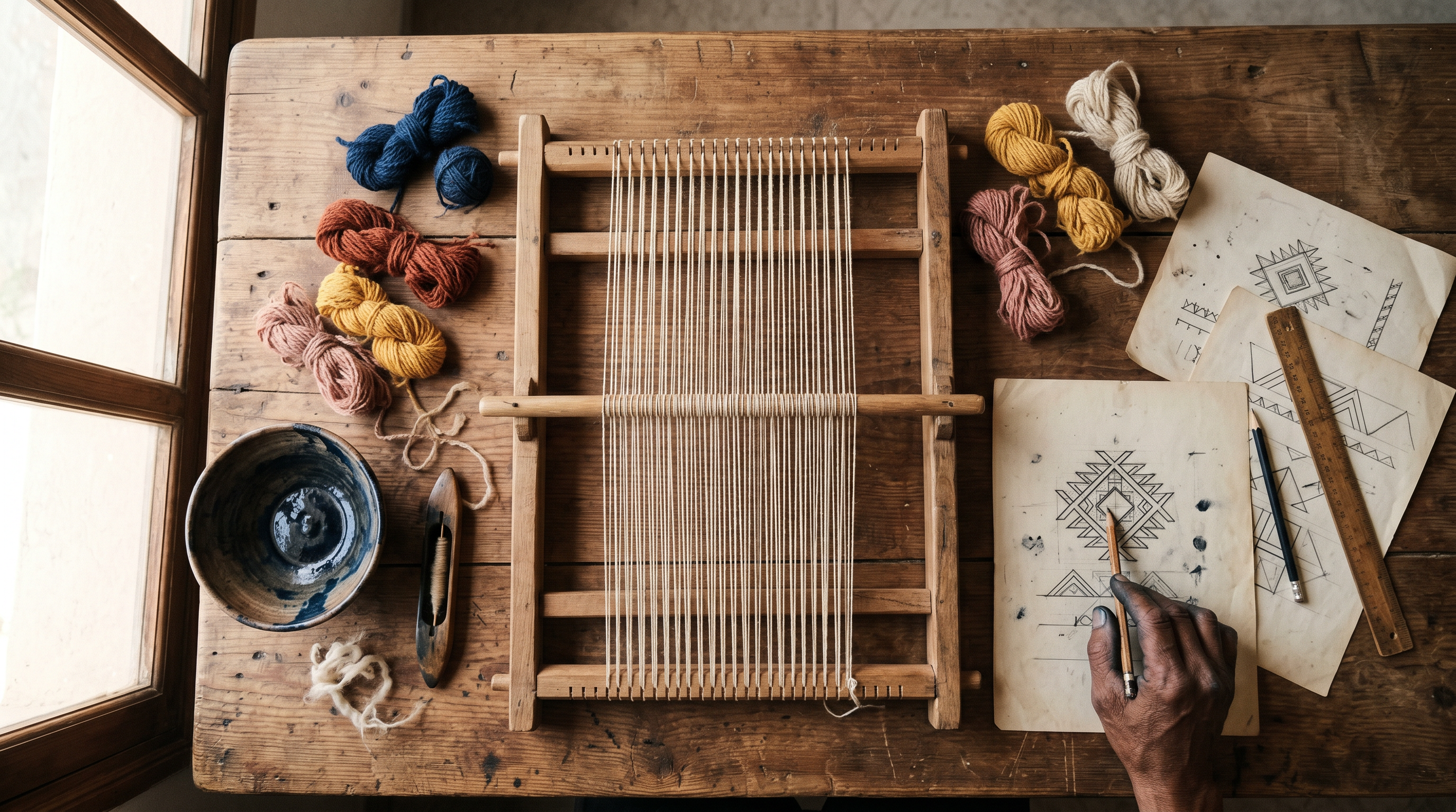 Flat lay of a Moroccan weaving workshop showing traditional tools and vibrant wool yarns